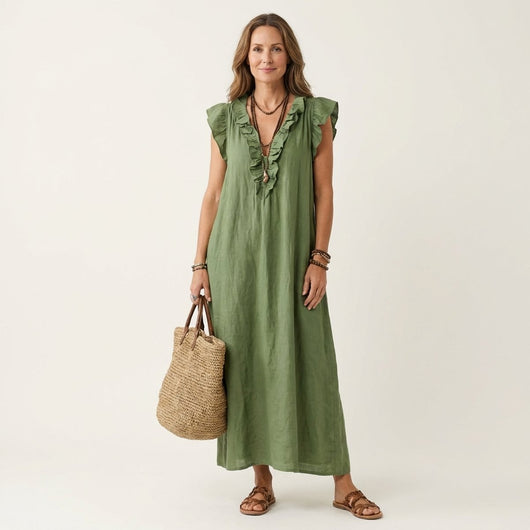 Emilia | Damen Leinen Rüschen V-Ausschnitt Ärmelloses Maxi-Sommerkleid