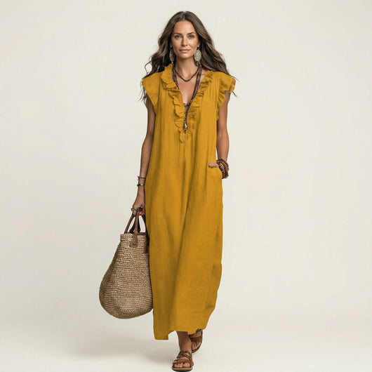 Emilia | Damen Leinen Rüschen V-Ausschnitt Ärmelloses Maxi-Sommerkleid