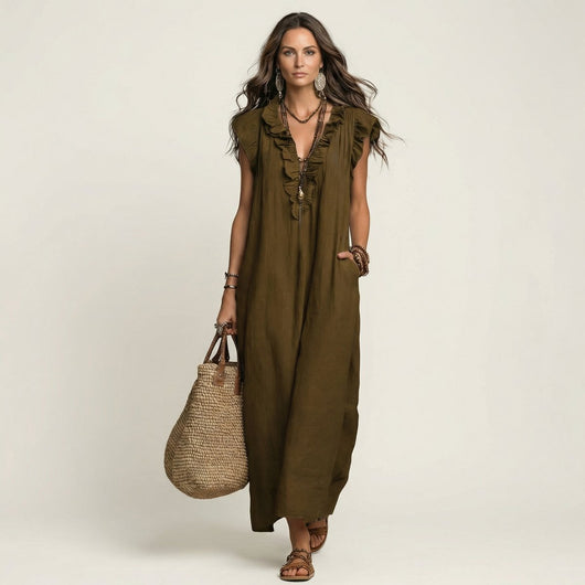 Emilia | Damen Leinen Rüschen V-Ausschnitt Ärmelloses Maxi-Sommerkleid