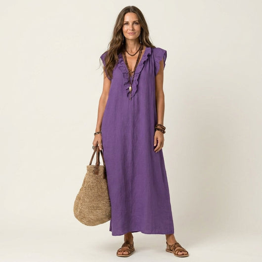 Emilia | Damen Leinen Rüschen V-Ausschnitt Ärmelloses Maxi-Sommerkleid