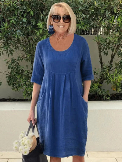 Marie | Damen Leinen Sommerkleid Tunika-Schnitt lockere Passform Taschen