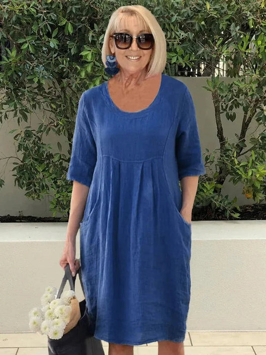 Marie | Damen Leinen Sommerkleid Tunika-Schnitt lockere Passform Taschen