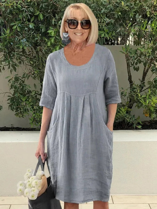 Marie | Damen Leinen Sommerkleid Tunika-Schnitt lockere Passform Taschen