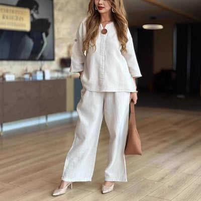 Hannah | Damen Leinen-Tunika Palazzo-Hosen Set Lässiges Zweiteiler-Outfit