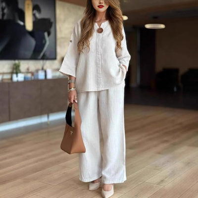 Hannah | Damen Leinen-Tunika Palazzo-Hosen Set Lässiges Zweiteiler-Outfit
