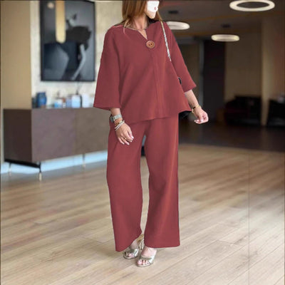 Hannah | Damen Leinen-Tunika Palazzo-Hosen Set Lässiges Zweiteiler-Outfit
