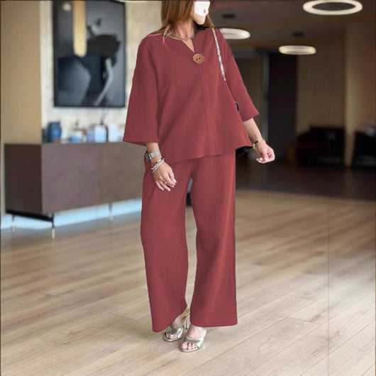 Hannah | Damen Leinen-Tunika Palazzo-Hosen Set Lässiges Zweiteiler-Outfit