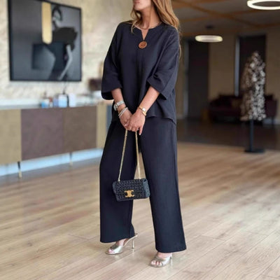 Hannah | Damen Leinen-Tunika Palazzo-Hosen Set Lässiges Zweiteiler-Outfit