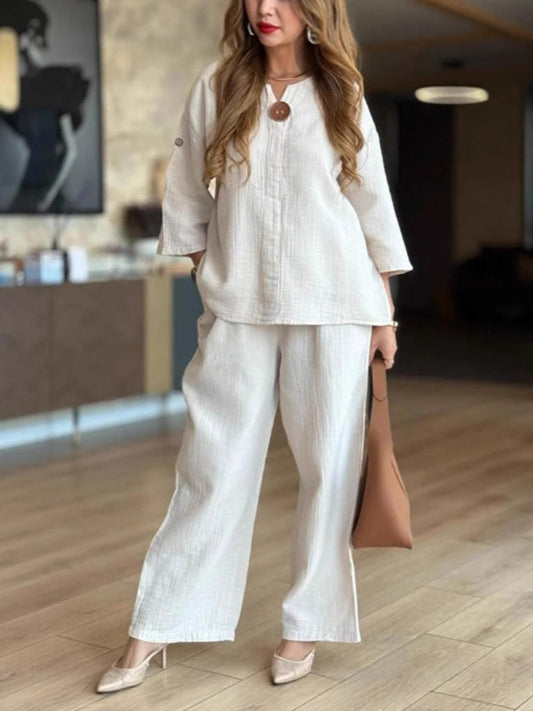 Hannah | Damen Leinen-Tunika Palazzo-Hosen Set Lässiges Zweiteiler-Outfit