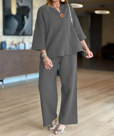 Hannah | Damen Leinen-Tunika Palazzo-Hosen Set Lässiges Zweiteiler-Outfit