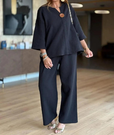 Hannah | Damen Leinen-Tunika Palazzo-Hosen Set Lässiges Zweiteiler-Outfit