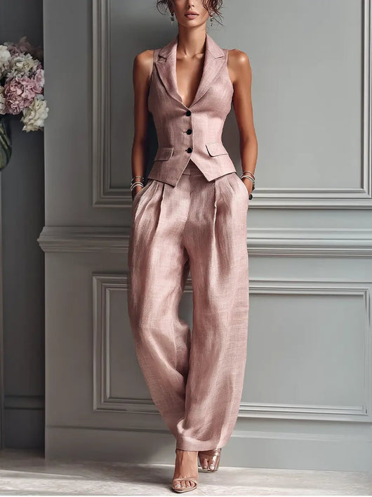 Sophie | Damen Leinen Weste Wide-Leg Hosen Set