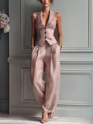 Sophie | Damen Leinen Weste Wide-Leg Hosen Set