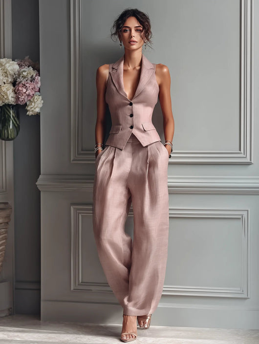 Sophie | Damen Leinen Weste Wide-Leg Hosen Set