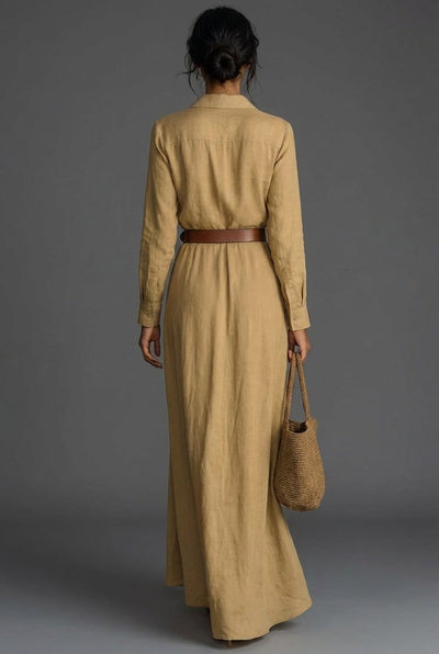 Johanna | Damen Leinen Wickel Langarm Maxi Kleid
