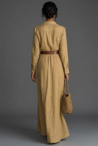 Johanna | Damen Leinen Wickel Langarm Maxi Kleid