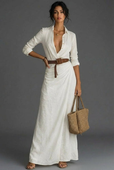 Johanna | Damen Leinen Wickel Langarm Maxi Kleid