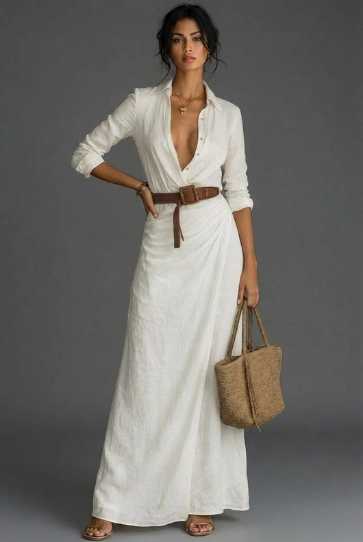 Johanna | Damen Leinen Wickel Langarm Maxi Kleid