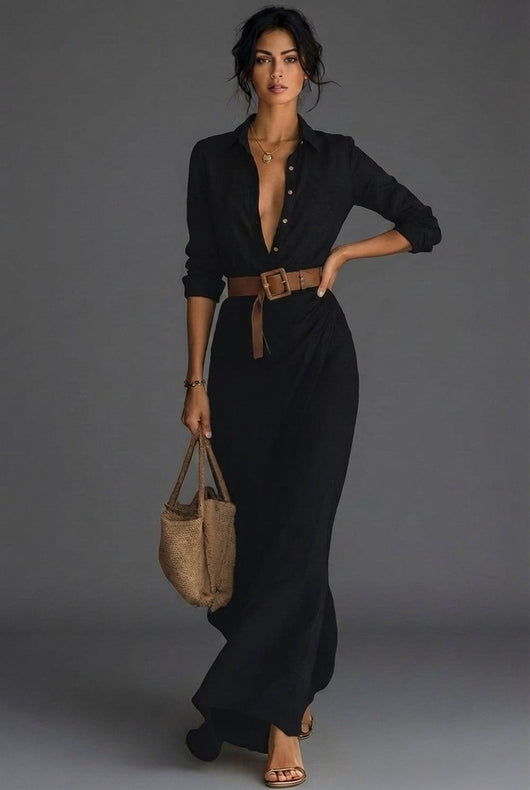 Johanna | Damen Leinen Wickel Langarm Maxi Kleid
