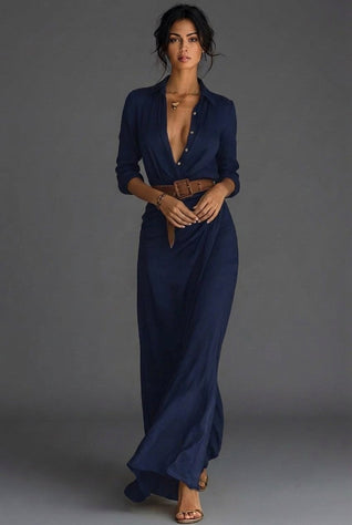 Johanna | Damen Leinen Wickel Langarm Maxi Kleid