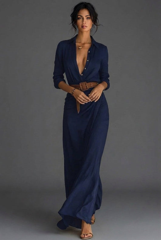 Johanna | Damen Leinen Wickel Langarm Maxi Kleid