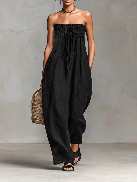 Hannah | Damen Leinen Wide-Leg Trägerloser Jumpsuit mit Bindeverschluss