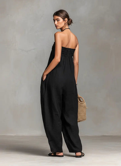Hannah | Damen Leinen Wide-Leg Trägerloser Jumpsuit mit Bindeverschluss