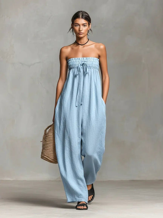 Hannah | Damen Leinen Wide-Leg Trägerloser Jumpsuit mit Bindeverschluss