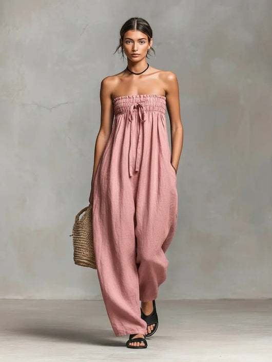 Hannah | Damen Leinen Wide-Leg Trägerloser Jumpsuit mit Bindeverschluss