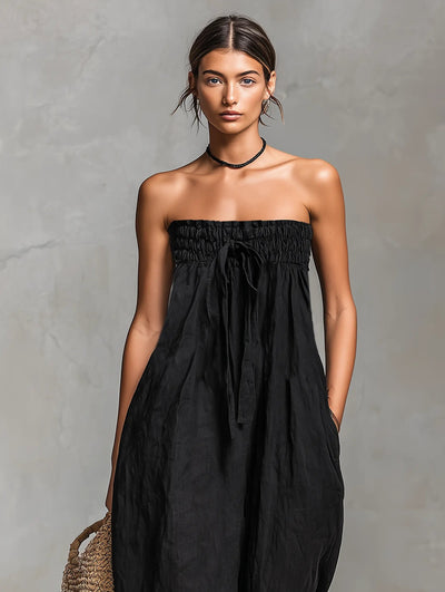 Hannah | Damen Leinen Wide-Leg Trägerloser Jumpsuit mit Bindeverschluss