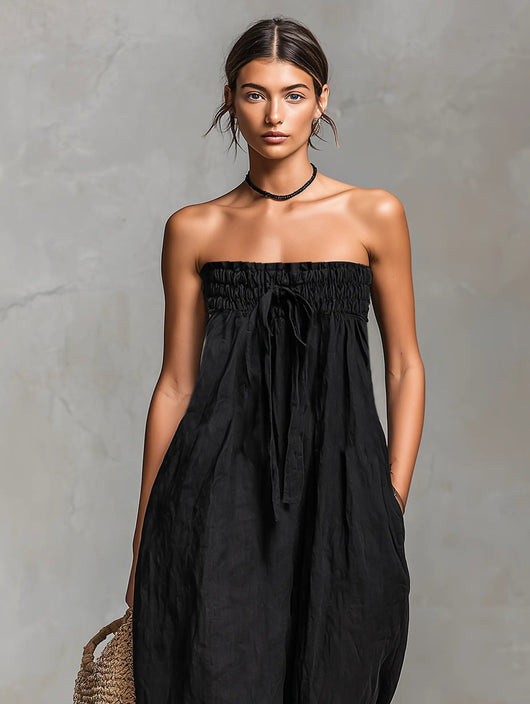 Hannah | Damen Leinen Wide-Leg Trägerloser Jumpsuit mit Bindeverschluss
