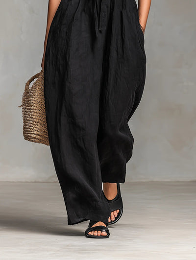 Hannah | Damen Leinen Wide-Leg Trägerloser Jumpsuit mit Bindeverschluss