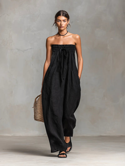Hannah | Damen Leinen Wide-Leg Trägerloser Jumpsuit mit Bindeverschluss