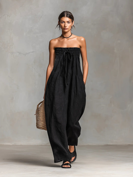 Hannah | Damen Leinen Wide-Leg Trägerloser Jumpsuit mit Bindeverschluss