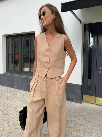 Annika | Damen Leinen Zweiteiler Westen-Set mit weiten Plissee-Hosen