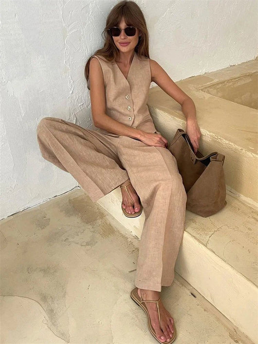 Annika | Damen Leinen Zweiteiler Westen-Set mit weiten Plissee-Hosen