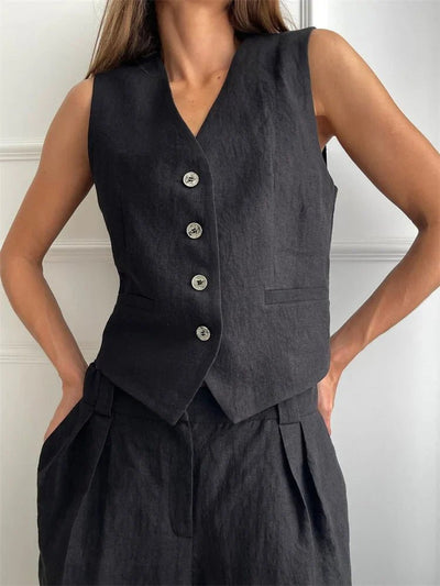 Annika | Damen Leinen Zweiteiler Westen-Set mit weiten Plissee-Hosen