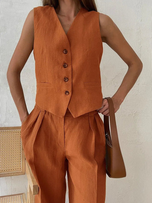 Annika | Damen Leinen Zweiteiler Westen-Set mit weiten Plissee-Hosen
