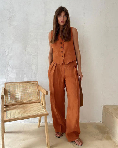 Annika | Damen Leinen Zweiteiler Westen-Set mit weiten Plissee-Hosen