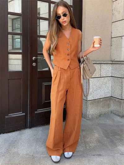 Annika | Damen Leinen Zweiteiler Westen-Set mit weiten Plissee-Hosen