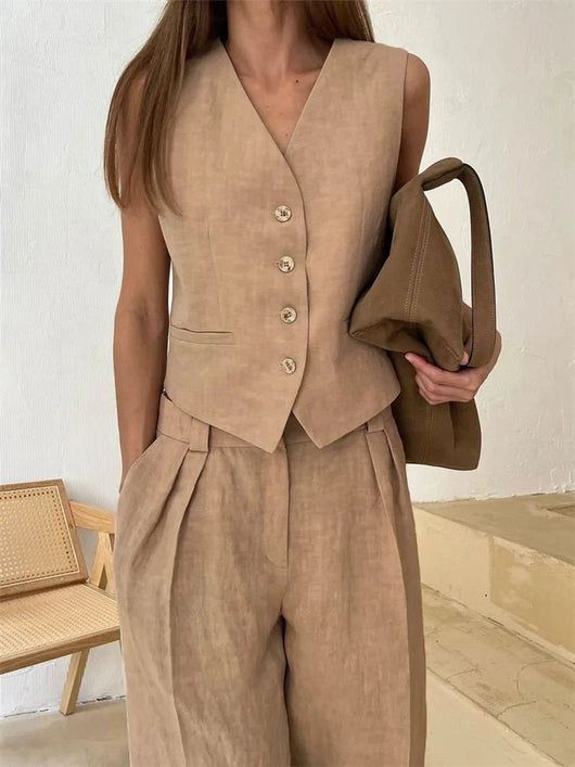 Annika | Damen Leinen Zweiteiler Westen-Set mit weiten Plissee-Hosen