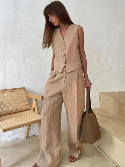 Annika | Damen Leinen Zweiteiler Westen-Set mit weiten Plissee-Hosen