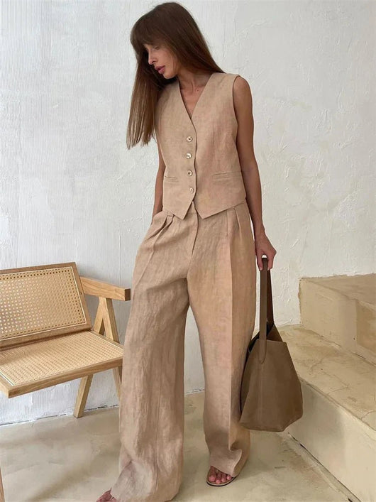 Annika | Damen Leinen Zweiteiler Westen-Set mit weiten Plissee-Hosen