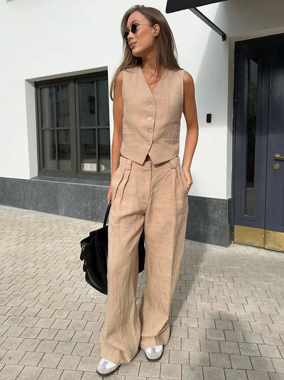 Annika | Damen Leinen Zweiteiler Westen-Set mit weiten Plissee-Hosen