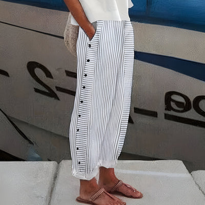 Hannah | Damen Linnen Gestreifte Relaxed-Fit Seitentaschen Hose