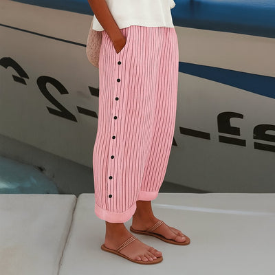 Hannah | Damen Linnen Gestreifte Relaxed-Fit Seitentaschen Hose