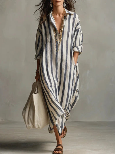 Luisa | Damen Linnen Gestreiftes Oversized Hemdkleid Maxi