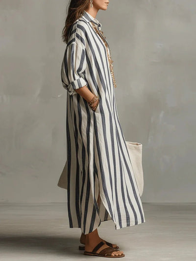 Luisa | Damen Linnen Gestreiftes Oversized Hemdkleid Maxi