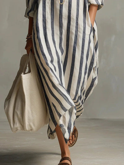 Luisa | Damen Linnen Gestreiftes Oversized Hemdkleid Maxi