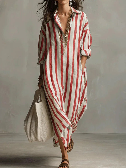 Luisa | Damen Linnen Gestreiftes Oversized Hemdkleid Maxi